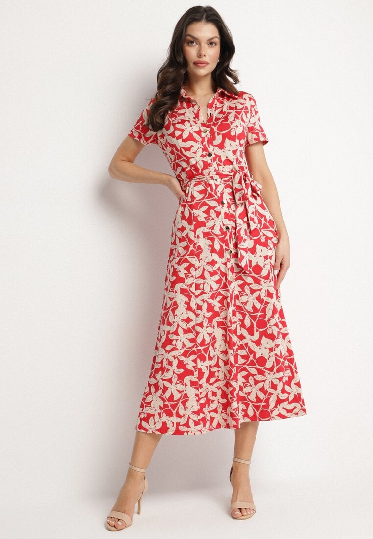 Rochie tip Cămașă Roșie cu Viscoză cu Imprimeu Floral și Cordon Zeilene