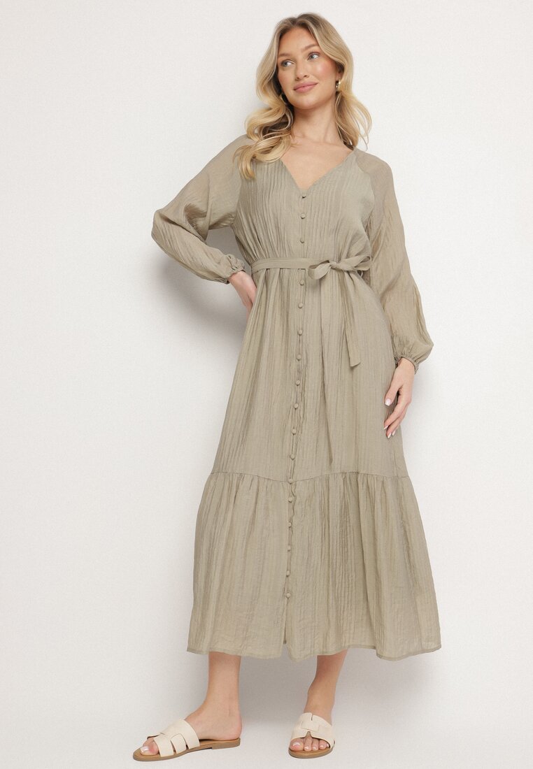 Rochie Cămașă Culoare Verde Închis din Viscoză, cu Croi Evazat, cu Cordon în Talie Frollio