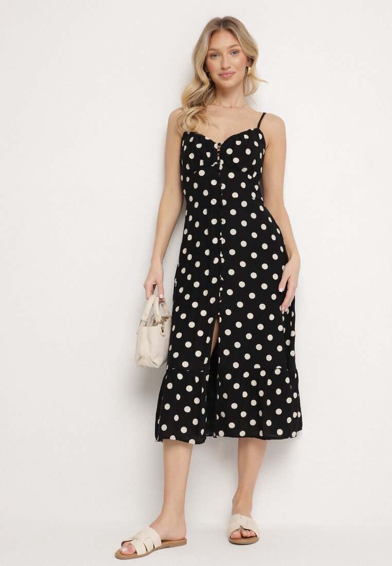 Rochie neagră din viscoză cu buline pe bretele încheiată cu nasturi Katilane