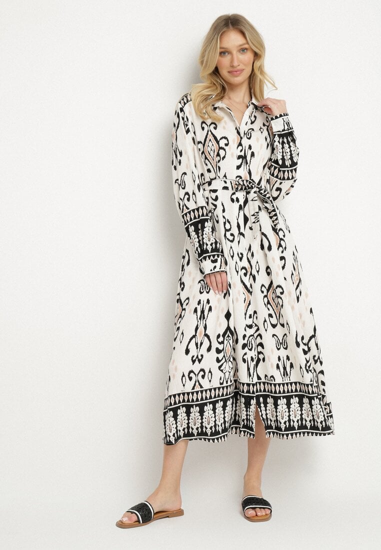 Rochie cămașă din vâscoză neagră cu imprimeu geometric și curea Divorae