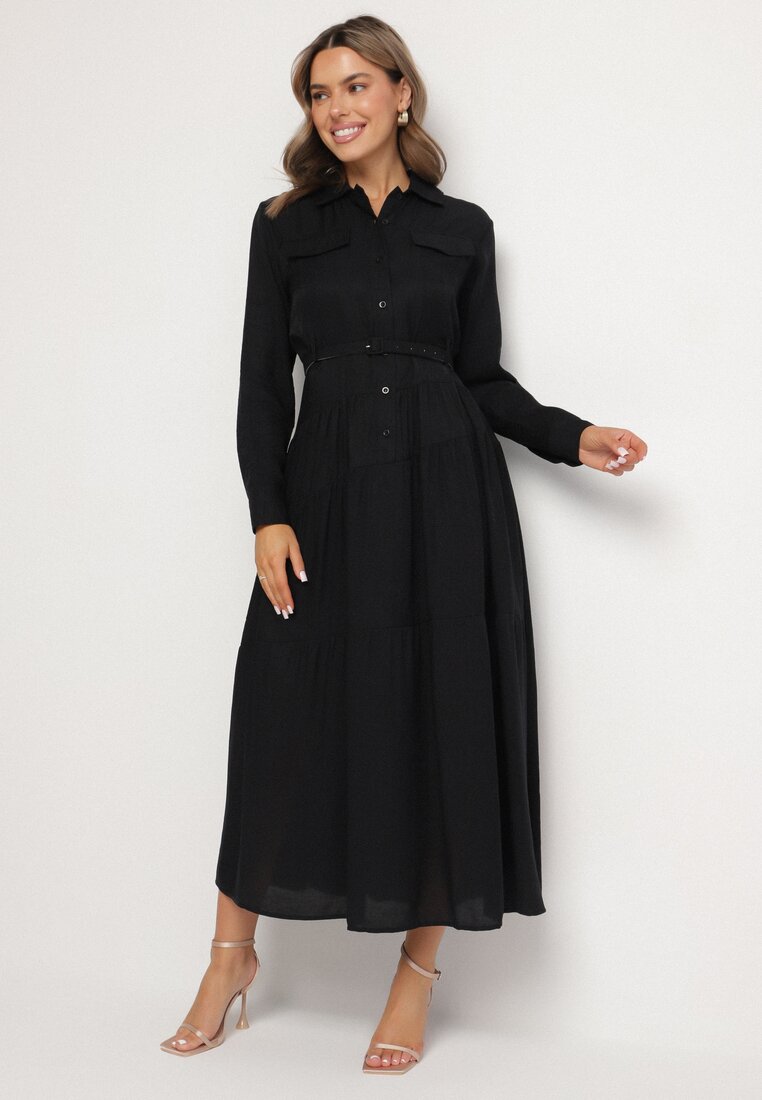 Rochie Neagră de Vâscoză Decorată cu Centură și Nasturi Ronitte