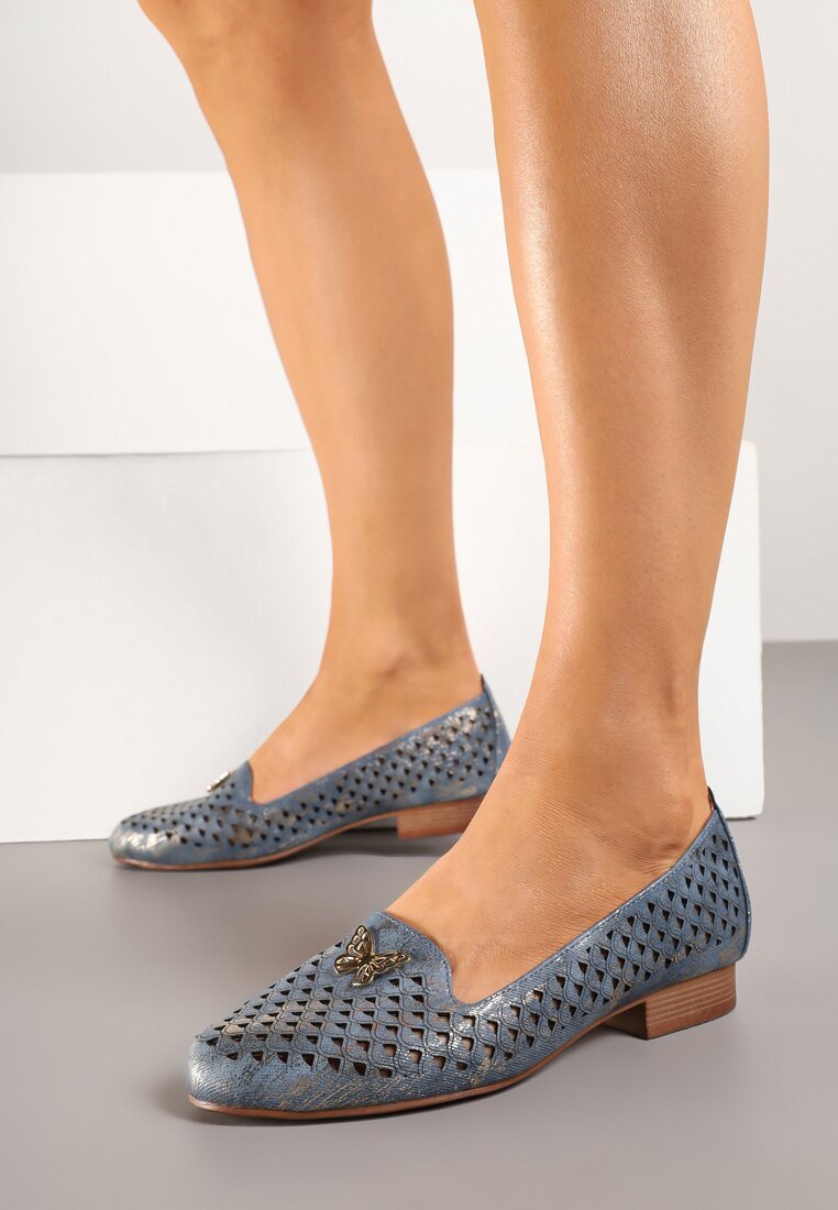 Pantofi stiletto ajurați Albaștri cu Fluturaș Decorativ și Branț din piele Davialira