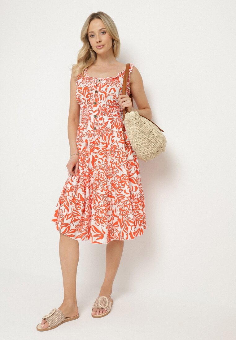 Rochie Roșie Din Bumbac Cloș Decorată cu Nasturi Lisavena