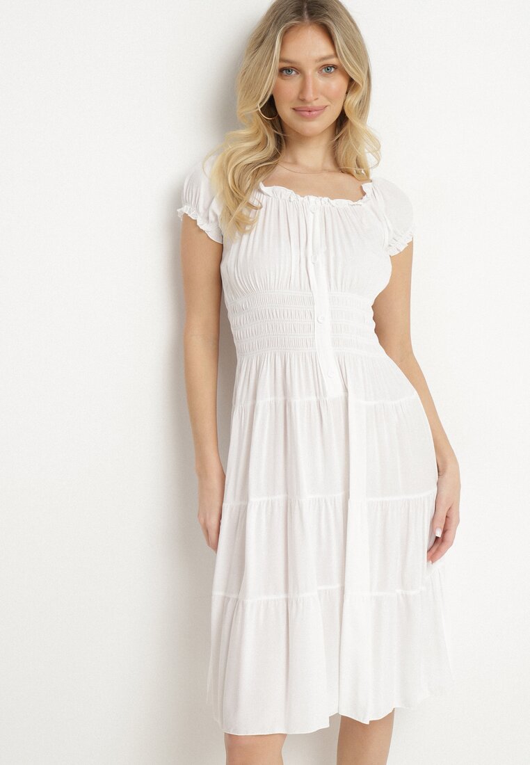 Rochie Albă din bumbac evazată cu nasturi și cu mâneci bufante Annivi