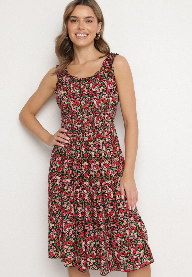 Rochie Neagră de Bumbac Cloș cu Flori și Nasturi Ronzea