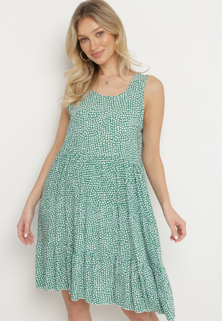 Rochie Verde Evazată de Bumbac cu Volane Florală Zeolane