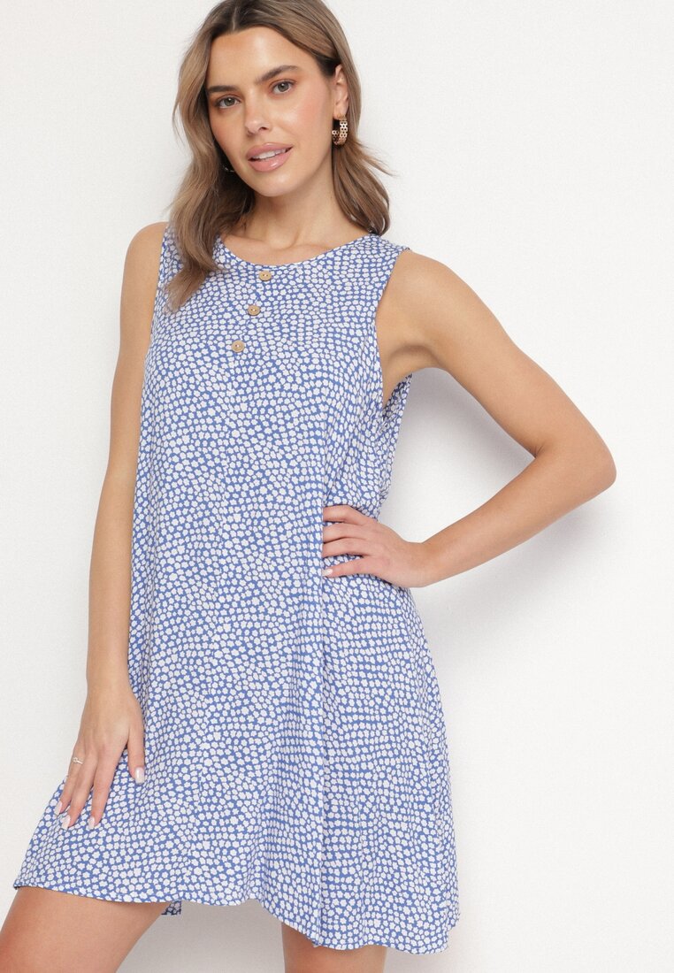 Rochie Albastră din Bumbac Cloș Decorată cu Flori și Nasturi Lisavella