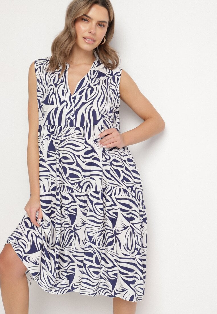 Rochie bleumarin de bumbac cloș cu model geometric Annivaria