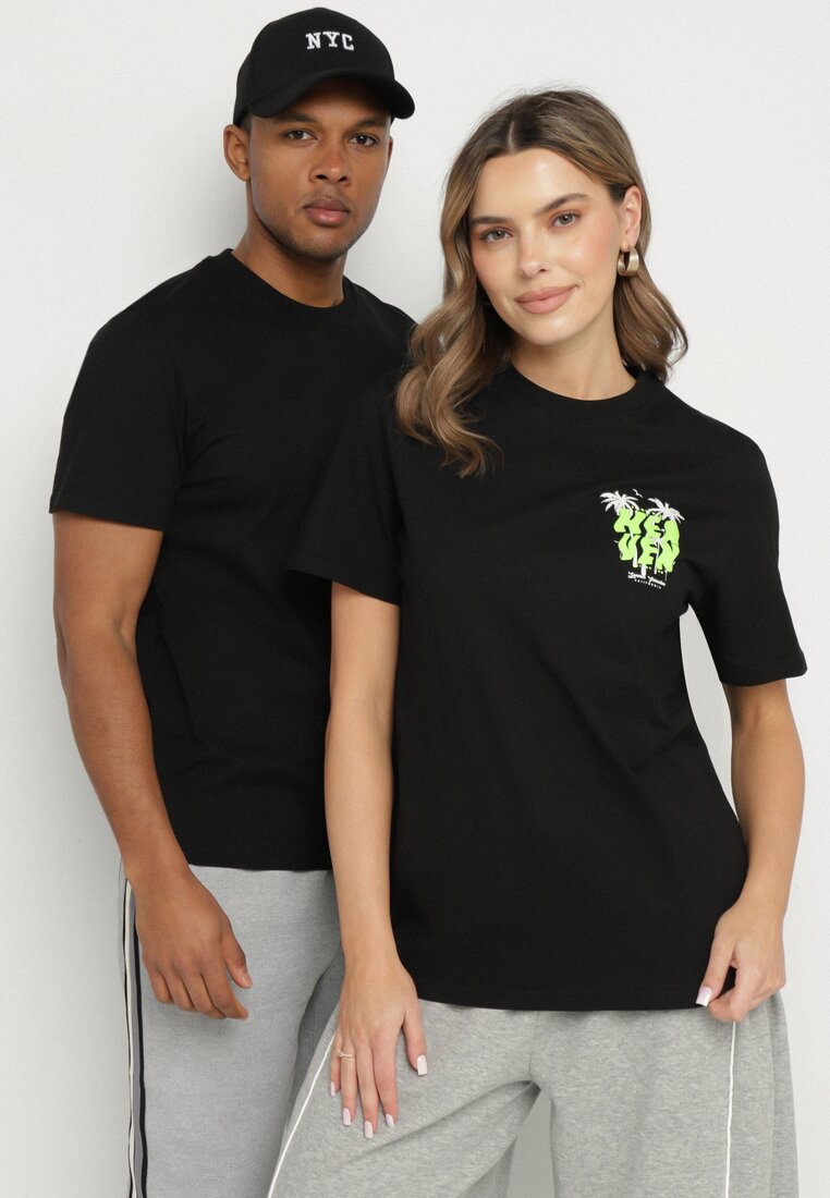 Tricou Negru din Bumbac cu Imprimeu cu Palme Sunirielle