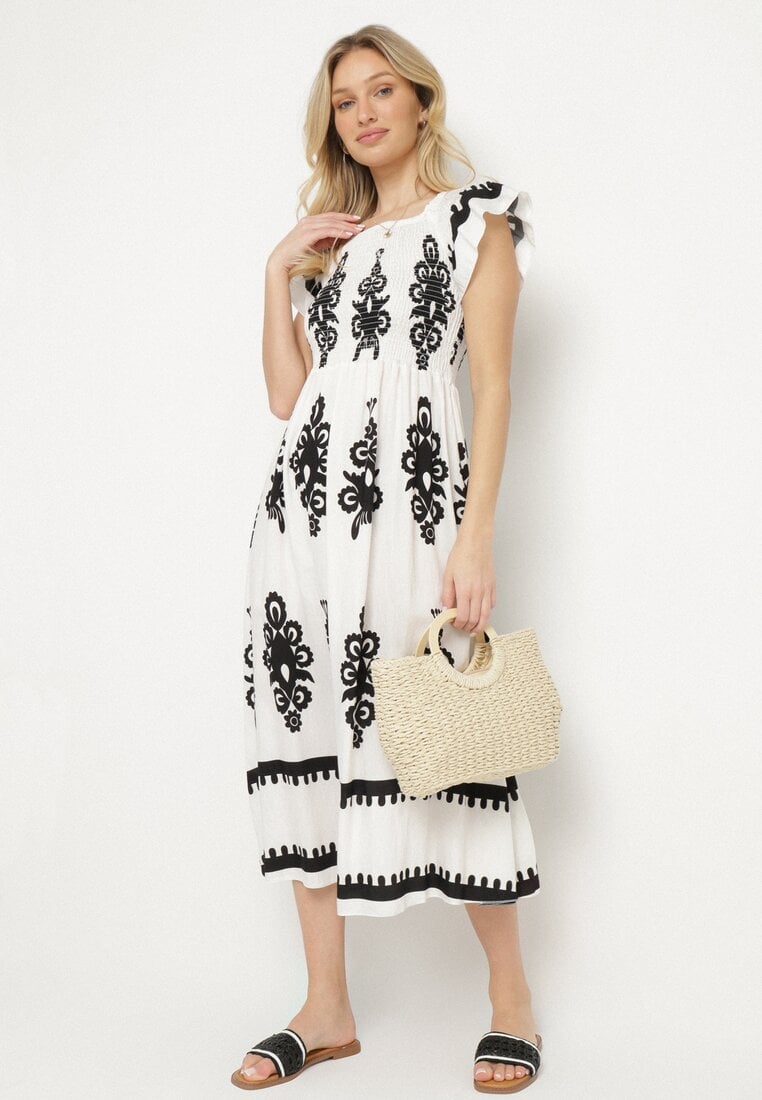 Rochie Albă din vâscoză cu modele ornamentale cu croi evazat Divessa