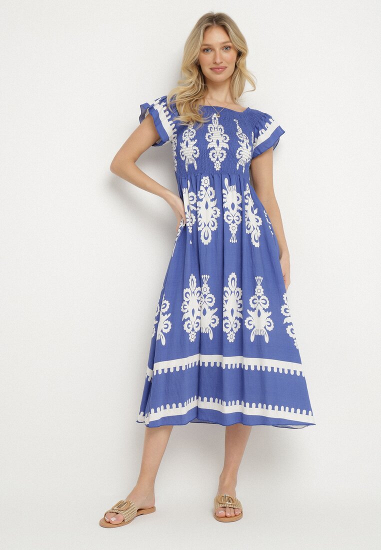 Rochie din viscoză albastră cu modele ornamentale cu croi evazat Divessa