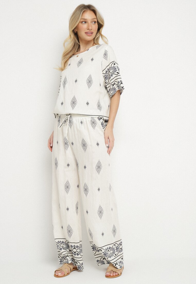 Komplet din viscoză Bej și Gri Bluză și Pantaloni cu Imprimeu Boho Divenna