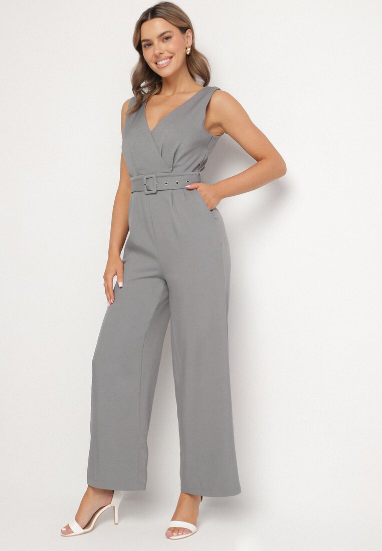 Salopetă Gri Cămbrată cu Decolteu Petrecut și Curea cu Cataramă Ronivae