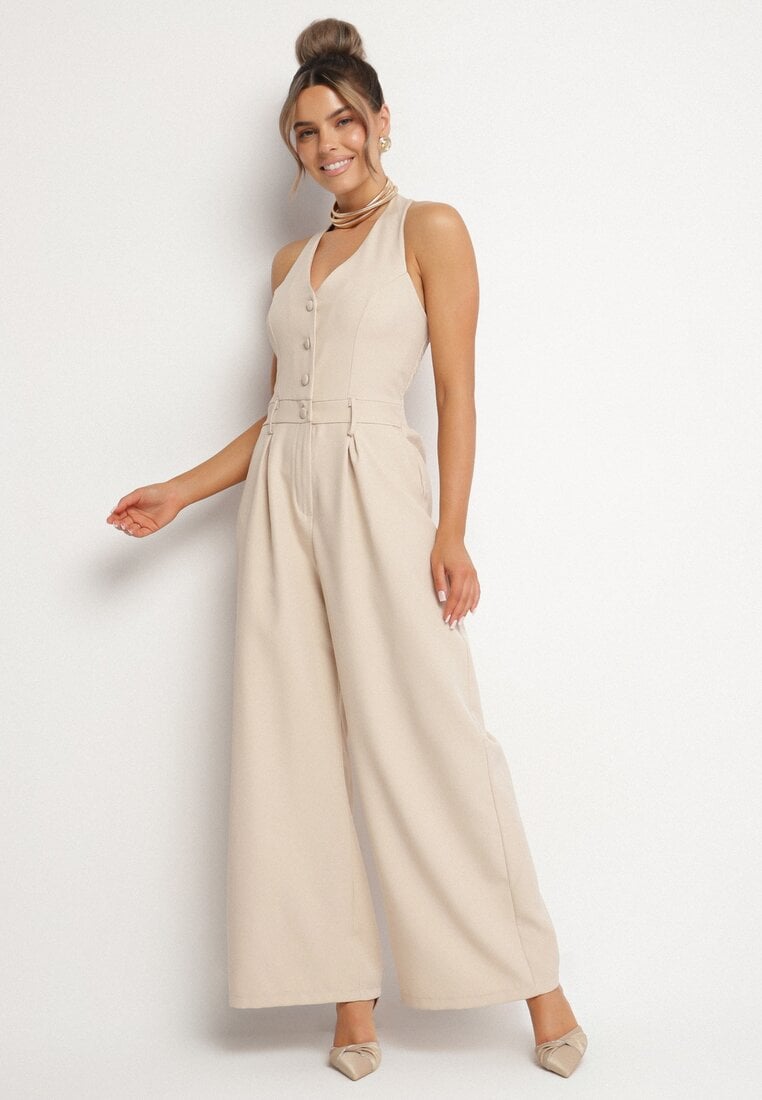 Salopetă Bej Cambrată în talie Decorată Cu nasturi Niladwenna