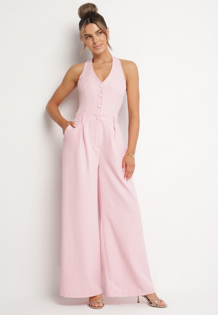 Salopetă Roz Cintrată Decorată cu Nasturi Niladwenna