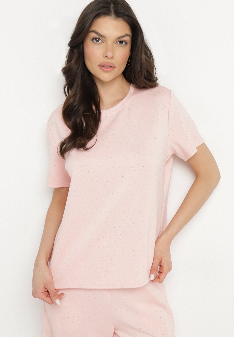 T-shirt Roz cu Viscoză Decorat cu Cristale Hirritia