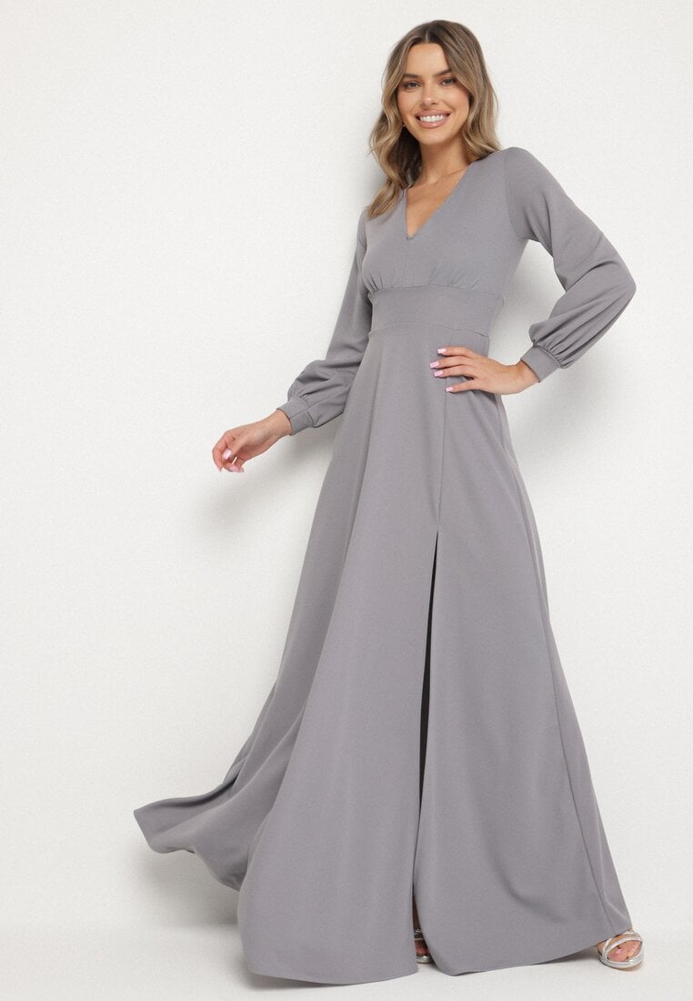 Rochie de cocktail gri cloș cu mâneci bufante și fentă pe picior Erqellia