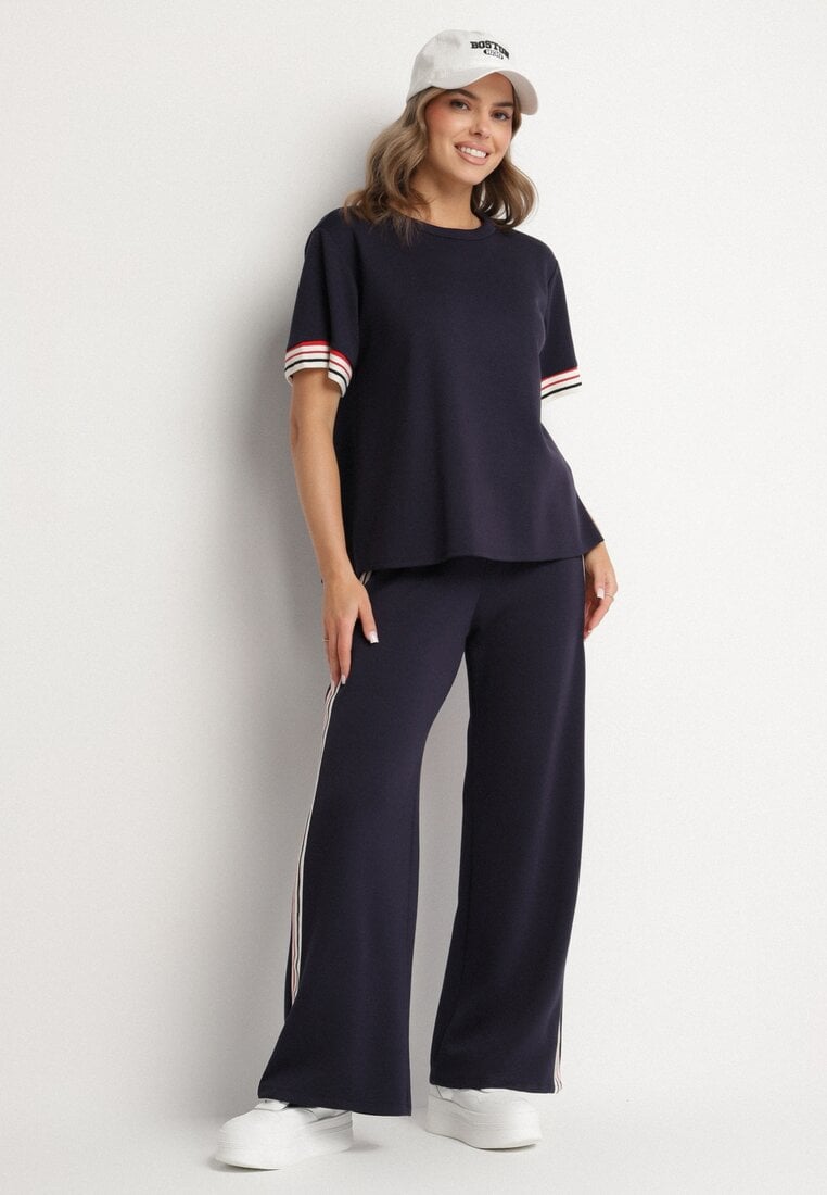 Set bleumarin din viscoză Pantaloni largi și Bluză cu bretele Nilanaria