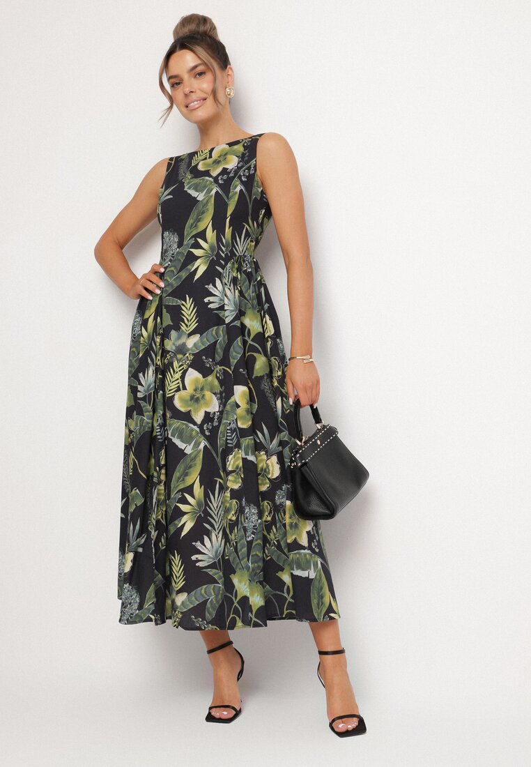 Rochie neagră din bumbac evazată cu imprimeu floral lila