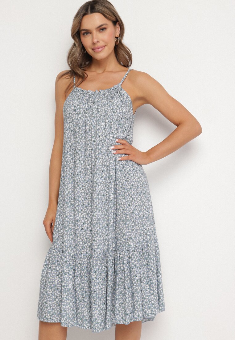 Rochie Evazată Albastru deschis din Bumbac cu Model Floral Nilaretia