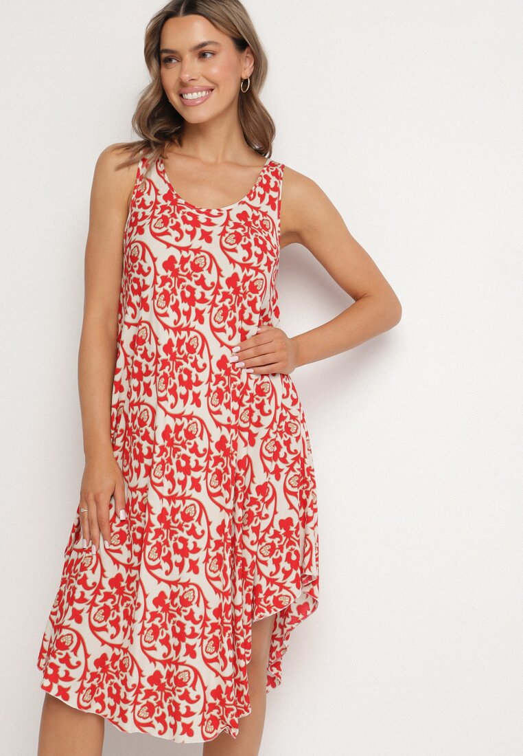 Rochie roșie din bumbac cloș cu model abstract Natiliana