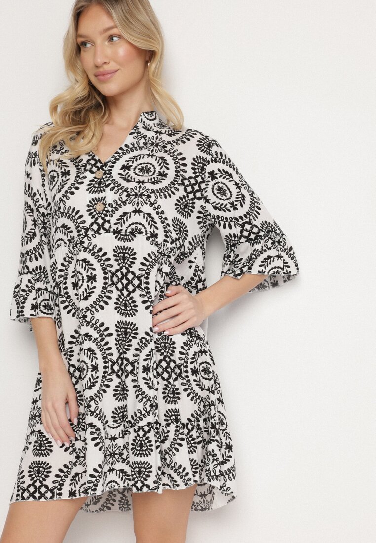 Rochie Din Bumbac Alb-Negru Cloș cu Nasturi Janisse