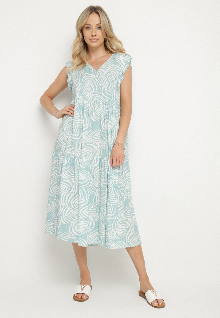 Rochie albastră deschisă de bumbac cu frunze croi evazat Divariel