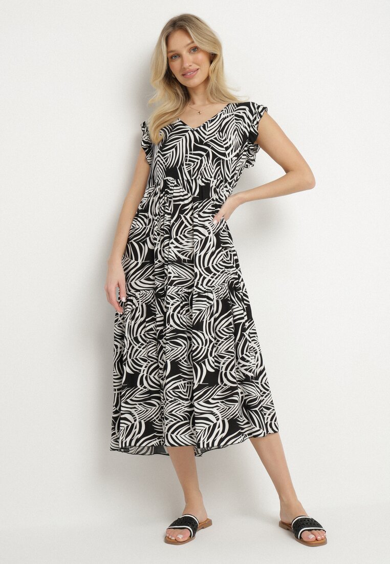 Rochie neagră din bumbac cu frunze cu croială evazată Divariel