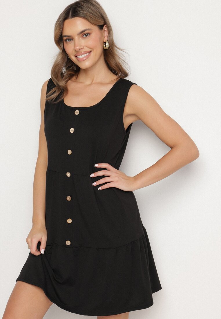 Rochie Neagră cu croială cloș, cu bretele late și nasturi Saniella