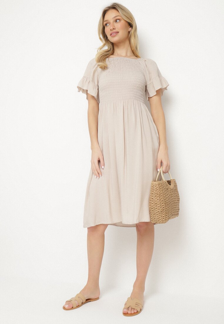 Rochie Cloș Bej deschis din Bumbac cu Mâneci Bufante și Bust Elastic Veliova