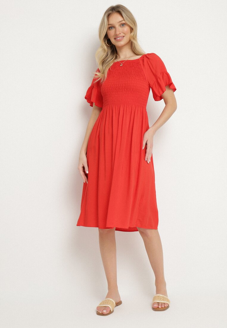 Rochie Roșie Cloș de bumbac cu Mâneci Bufante și Partea de Sus Elastică Veliova