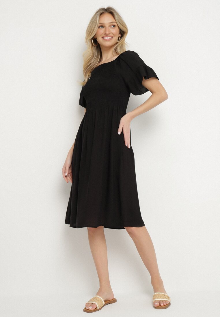 Rochie Cloș Neagră Din bumbac cu Mâneci bufante și Bust elastic Veliova