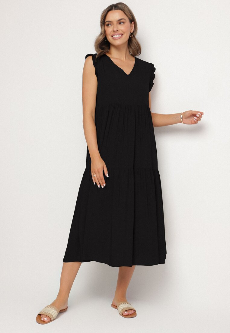 Rochie Neagră de Bumbac Decorată cu Volane Aveliova