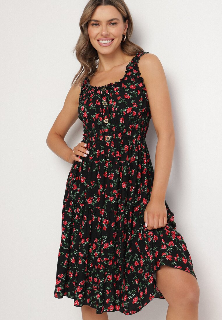 Rochie neagră cloș cu bretele florală Tallio