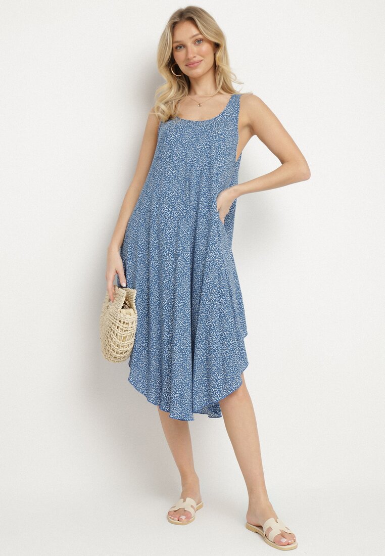 Rochie Albastră Evazată din Bumbac cu Model Abstract Ronive