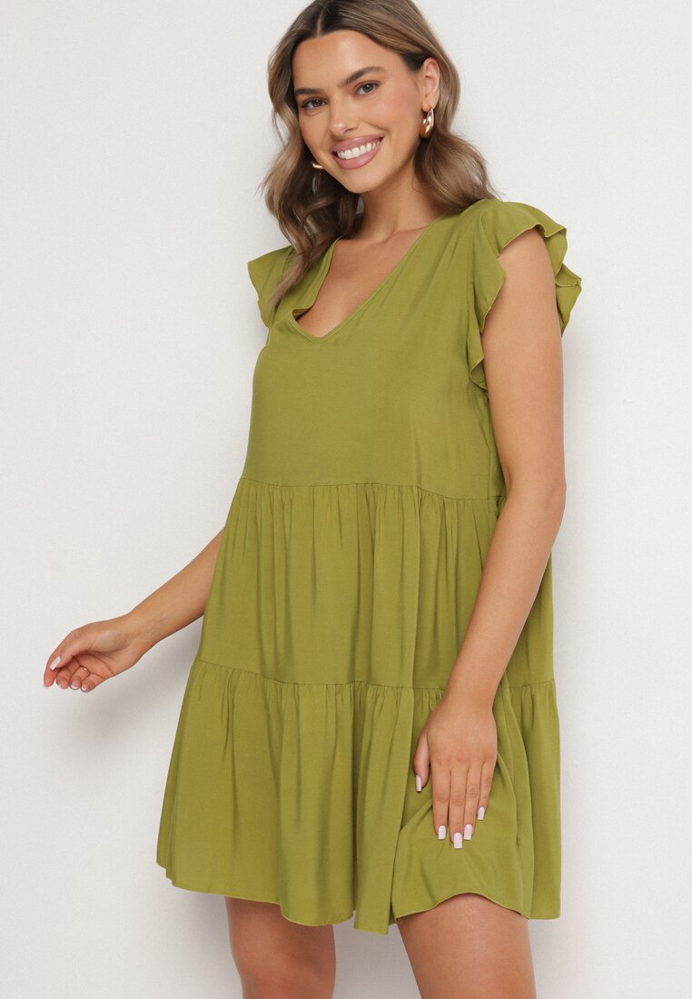 Rochie Verde Evazată din Bumbac Decorată cu Volane Natiriane