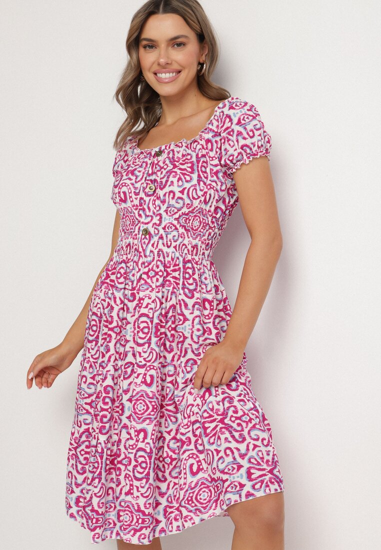 Rochie Roz din Bumbac cu Model Ornamental cu Elastic în Talie Natirissa