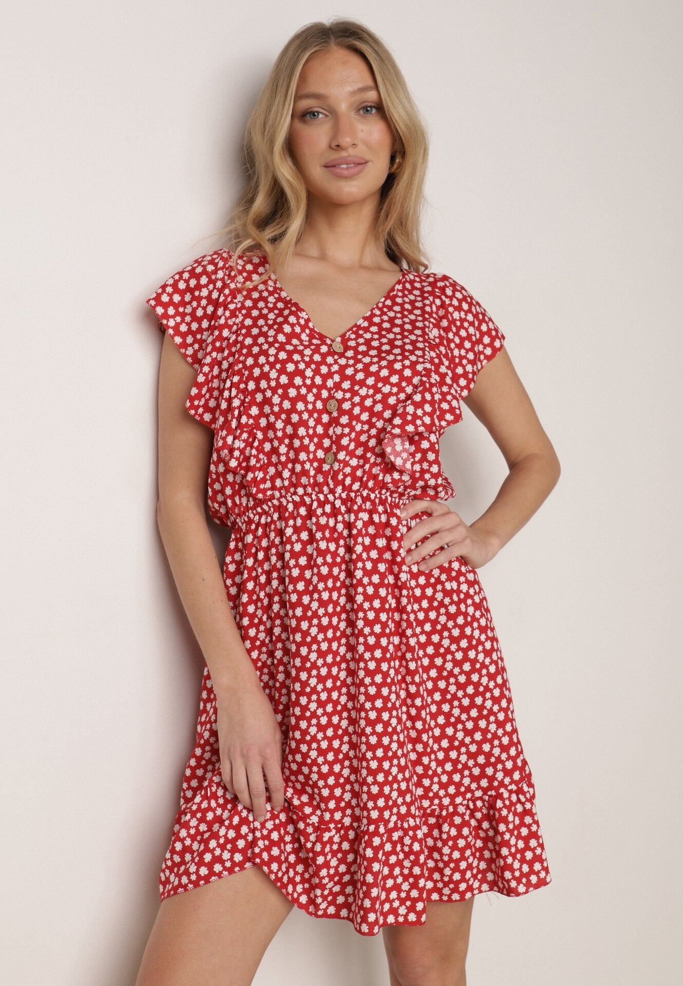 Rochie Roșie Cloș din Bumbac Florală cu nasturi Ronelle