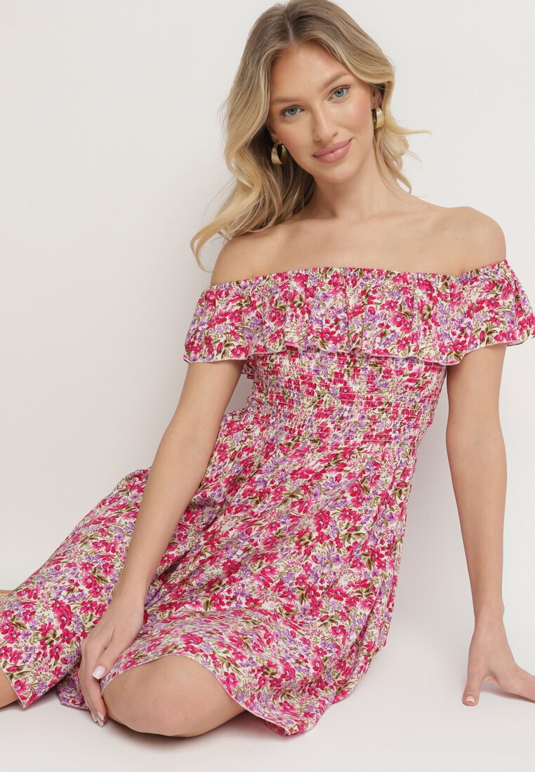 Rochie Roz din bumbac de tip spaniolă cu volane cu flori Aenne