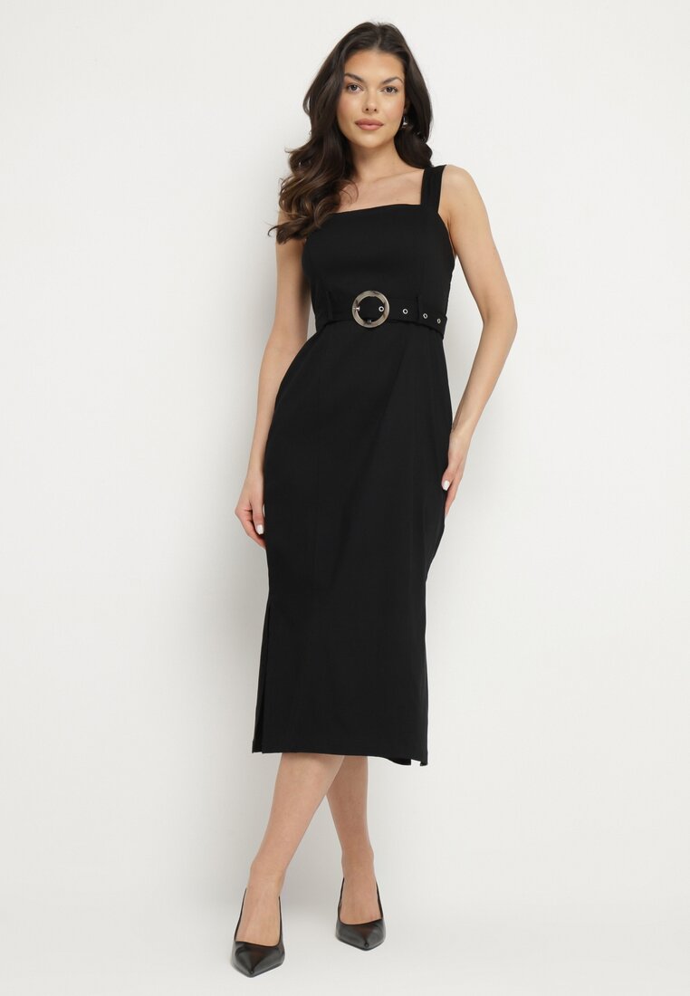 Rochie Mulată Neagră din Viscoză cu Fente și Curea cu Cataramă Mepelle