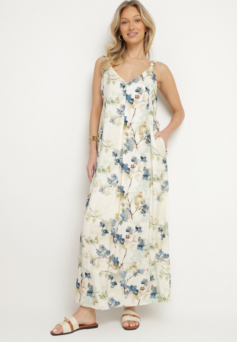 Rochie Bej-Albastră Florală cu bretele din Viscoză cu croi evazat Jenarienna