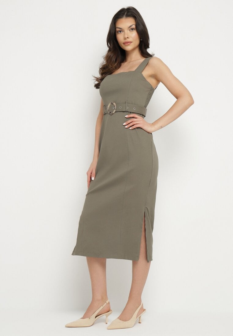 Rochie verde închis cambrată din viscoză cu șlițuri și curea cu cataramă Mepelle
