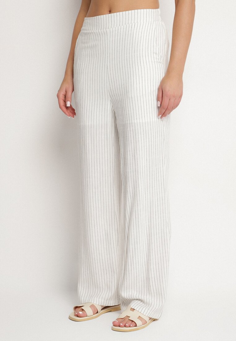 Pantaloni albi din bumbac cu in, largi, cu talie înaltă Zenpio