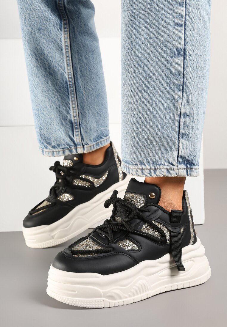 Sneakers Negri Streetwear cu platformă, cu sclipici și aplicații Maivessa