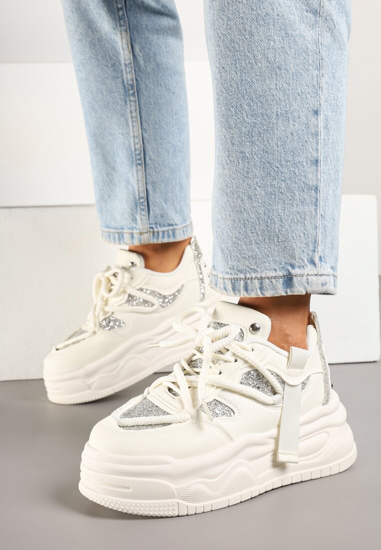 Adidași Streetwear Bej pe Platformă cu Sclipici și Aplicații Maivessa