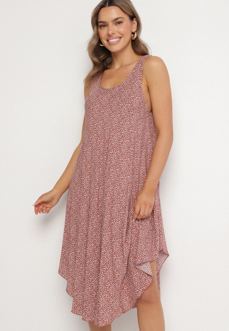 Rochie Bej Evazată din Bumbac cu Imprimeu Abstract Ronive