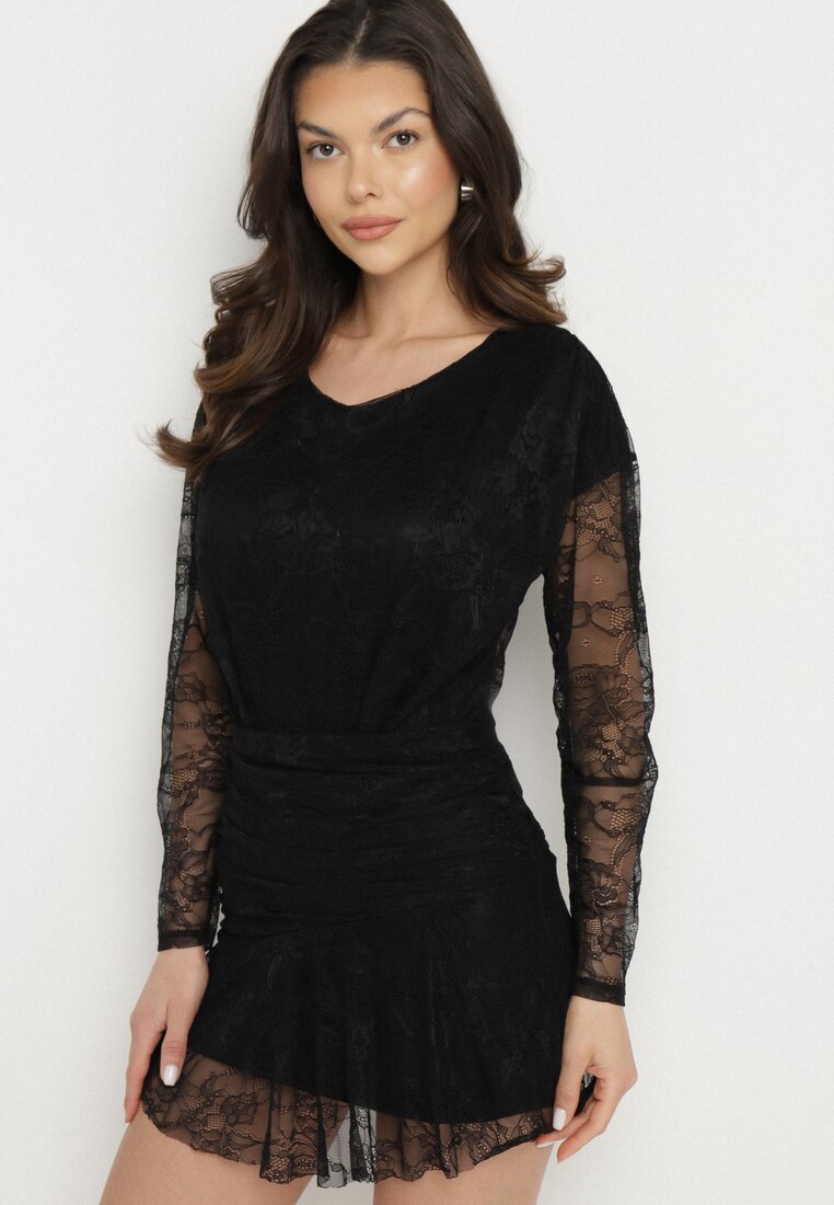 Rochie Neagră Din Dantelă cu Elastic în Talie Naplisa