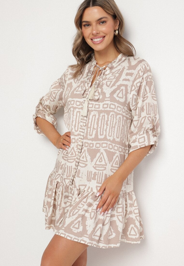 Rochie din vâscoză bej cu model etnic, croi evazat, cu cordon, Nalpio