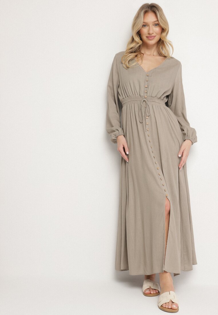 Rochie Bej Evazată cu In și Viscoză Decorată cu Nasturi Maitiella