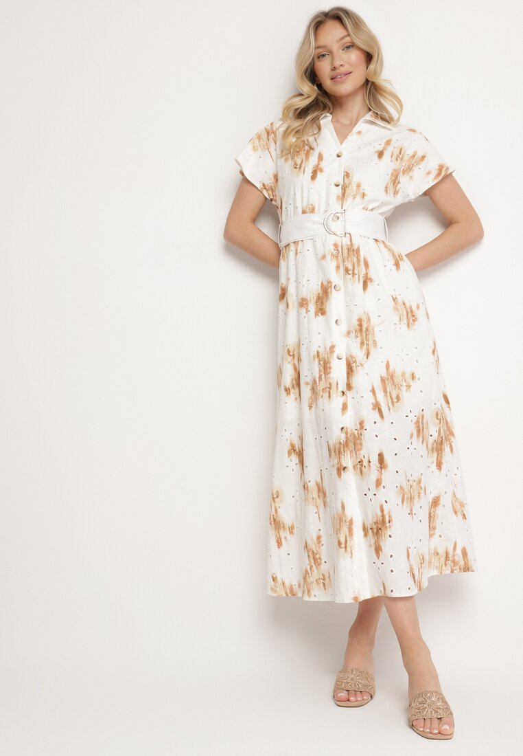 Rochie Albă-Portocalie Ajourată din bumbac cu croială tip cămașă cu centură Melpio